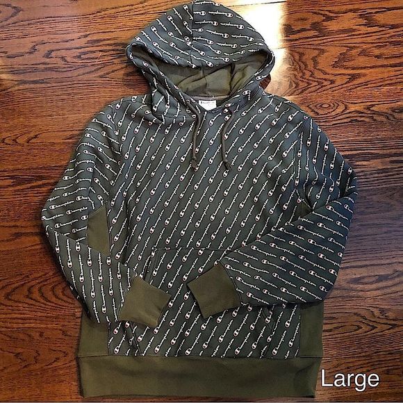 CHAMPION Men's Olive Green Vintage Champion Logo Hoodie With Hand Pockets Large - Picture 1 of 7
